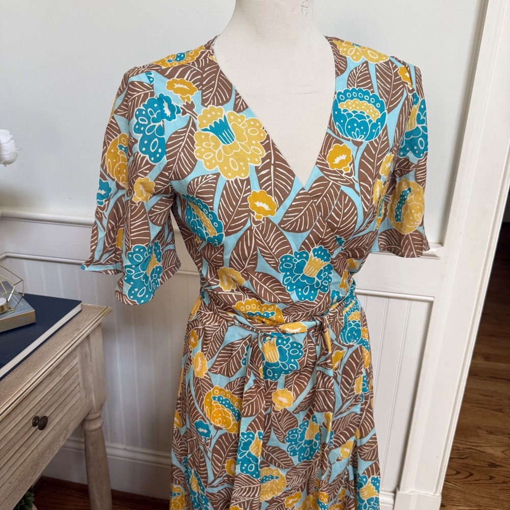 NWT J McLaughlin Audette Dresses Aqua Brown Gold Floral Print Wrap Midi Dress XS - Picture 2 of 7